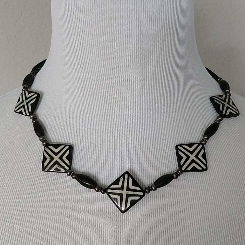 Handmade natural carved bone & pearl necklace